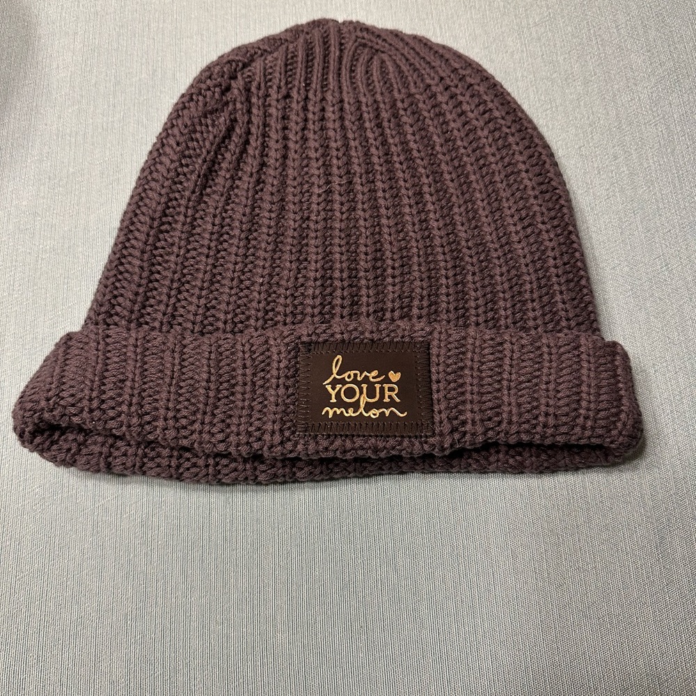 Charcoal Love Your Melon cuffed beanie with black gold foil patch